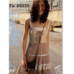 VINTAGE FREE PEOPLE Lace Up Dress Embroidered Tiered Floral Print Size 6